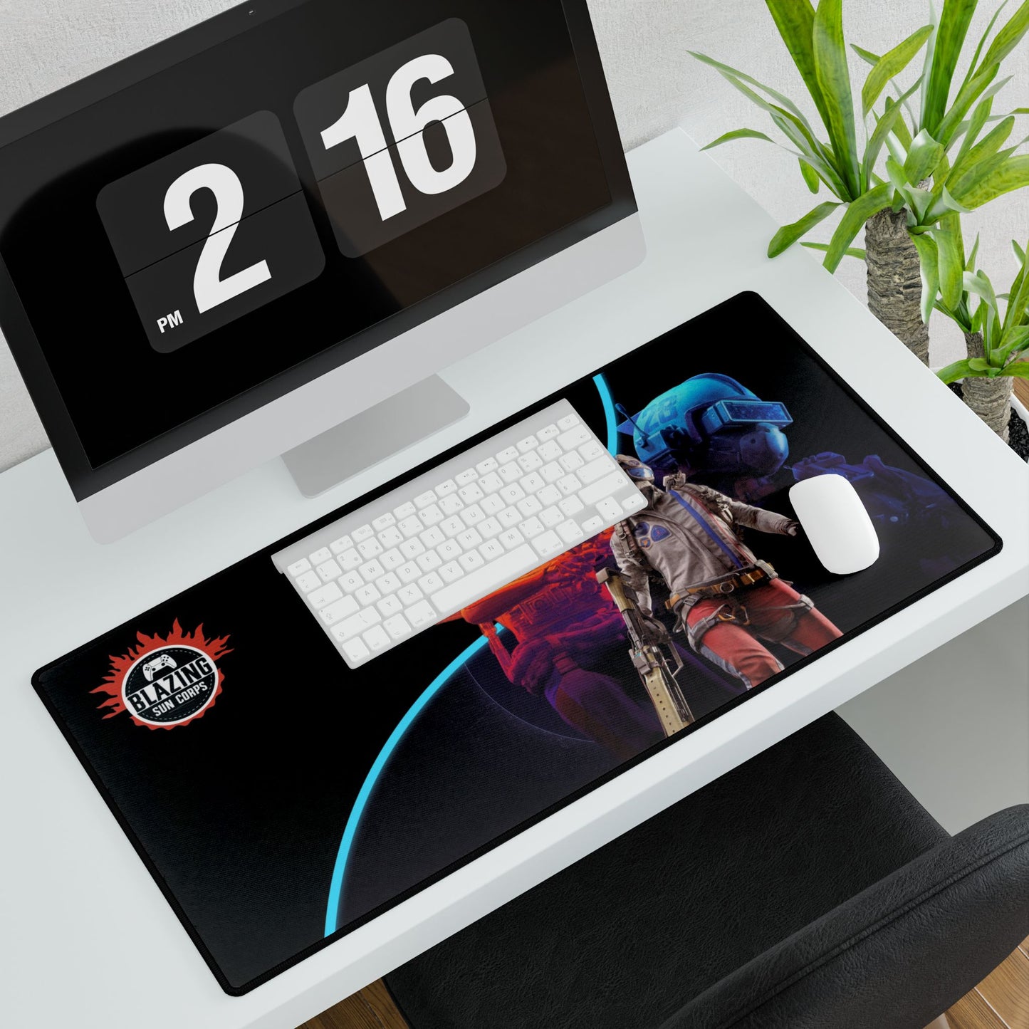 Gaming Desk Mat — Neon Space Soldier RGB Mouse Pad with Blazing Logo